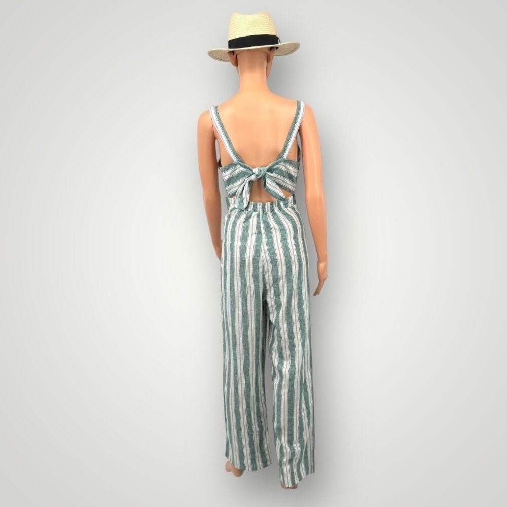 Womens Linen Blend Jumpsuit M Kelly Green Striped Wide Leg Sleeveless Tie Back - Picture 5 of 11